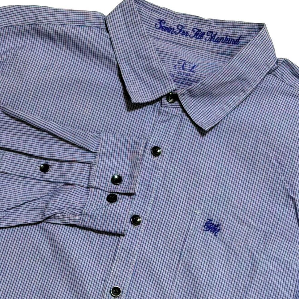 7 For All Mankind Button Down Mens XL Blue Micro Check Long Sleeve Cotton Shirt